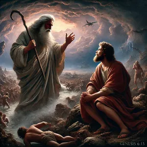 13. Deus disse a Noé: Darei fim a todos os seres humanos, porque a terra encheu-se de violência por causa deles. Eu os destruirei com a terra.
